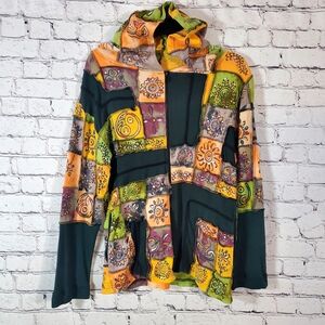 Rising International Multicolor Mixed Media Raw Seam Hoodie Boho Full Zip Size L
